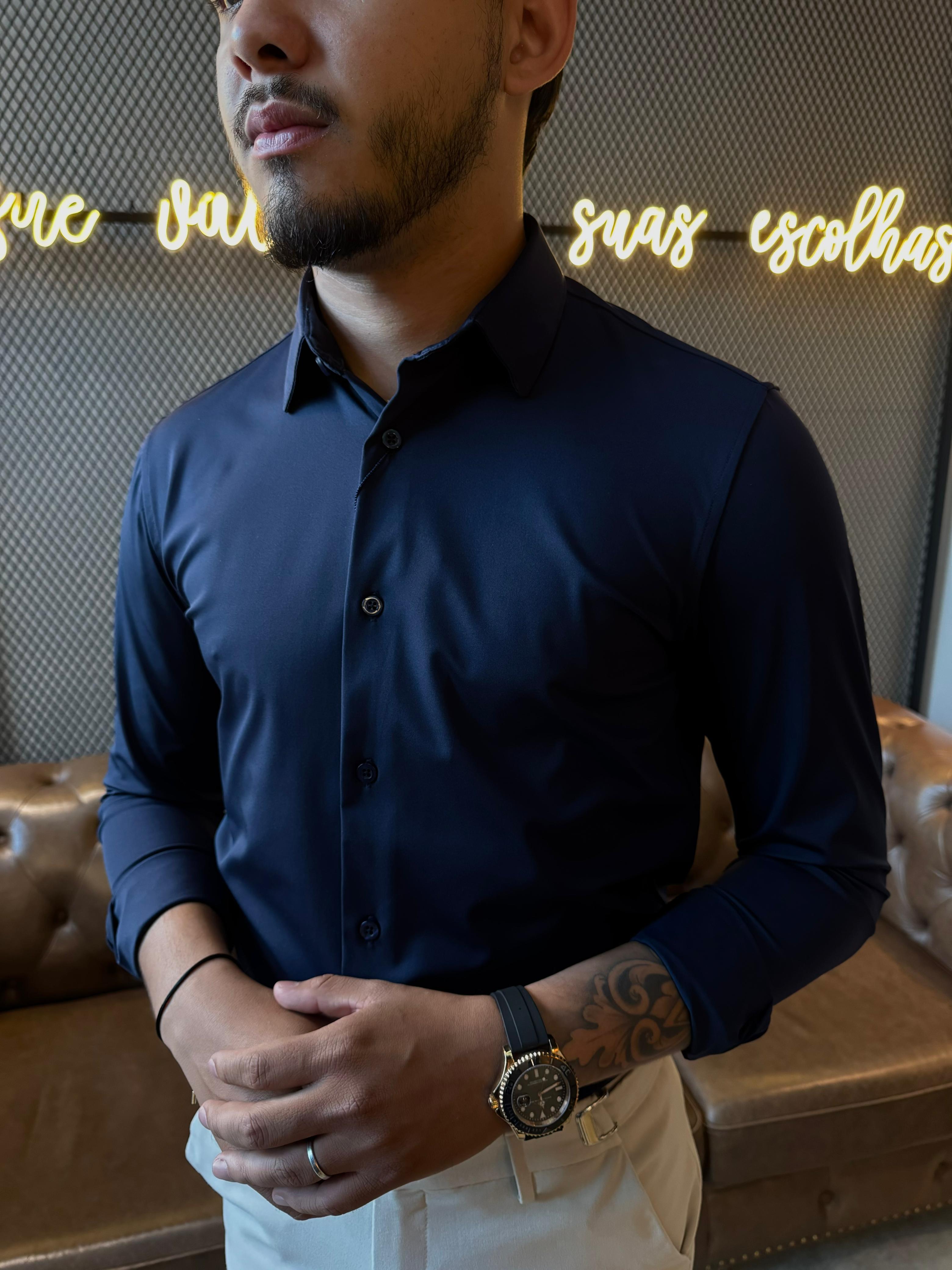 Camisa Social Zeus M/L Poliamida - Azul Marinho