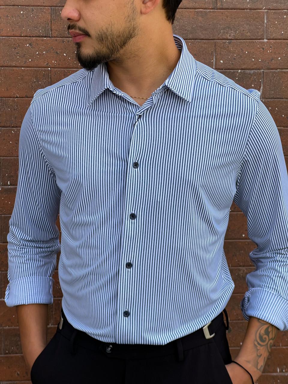 Camisa Social M/L Poliamida listrada Zeus - Azul Marinho