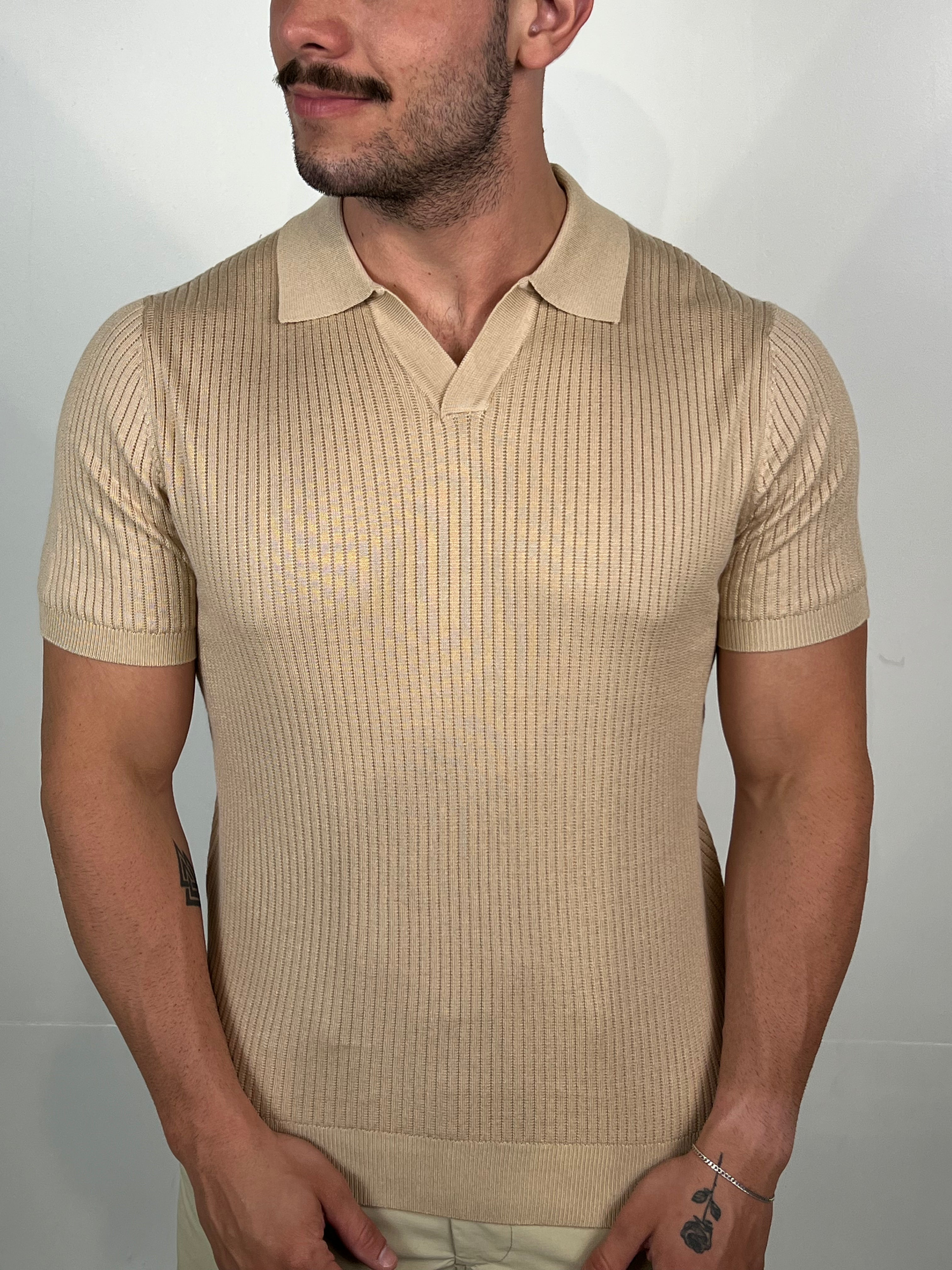 Polo V Tricot Canelada Zeus - Areia
