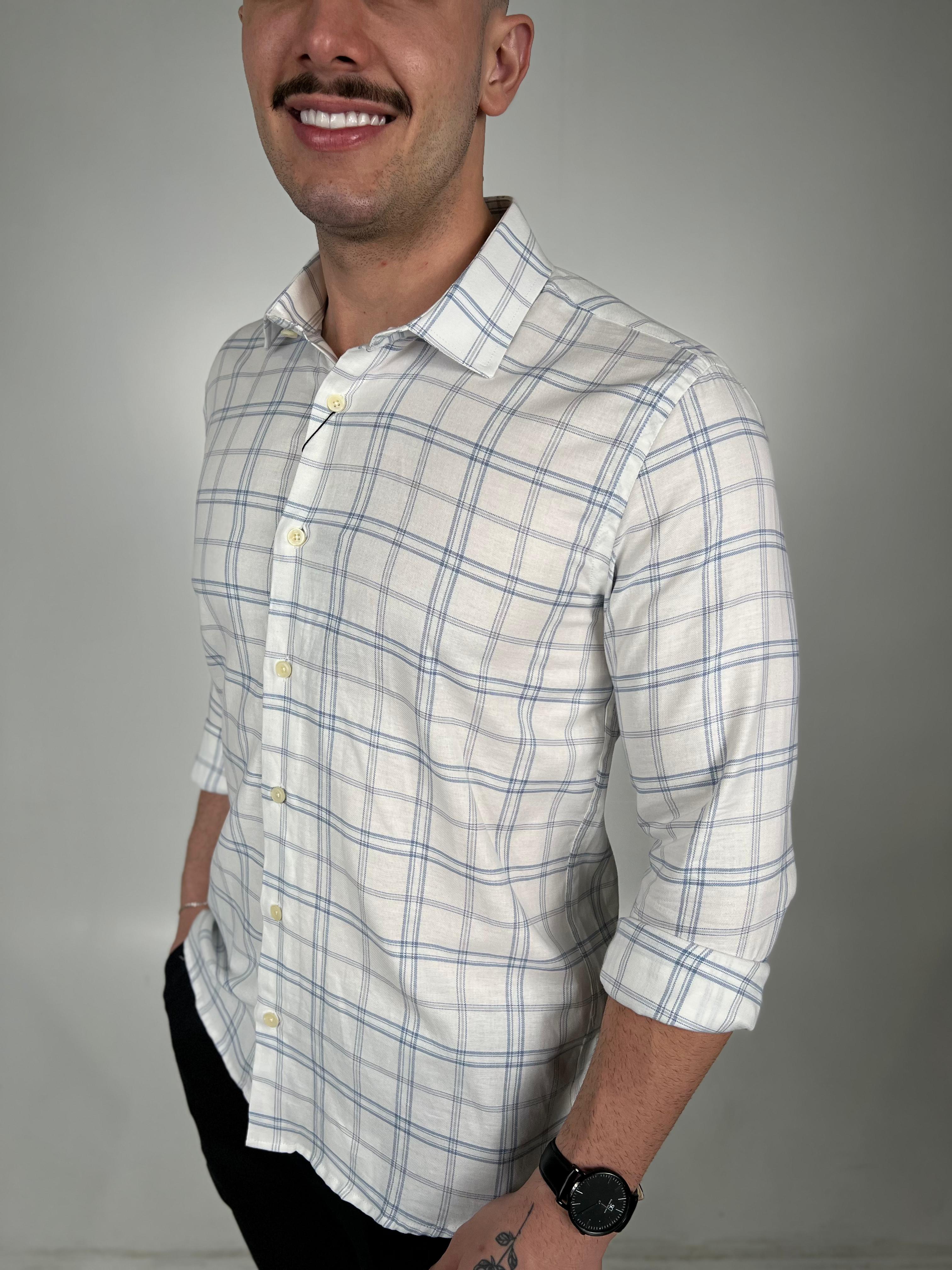 Camisa Social Zeus M/L Xadrez Oxfordine - Branco