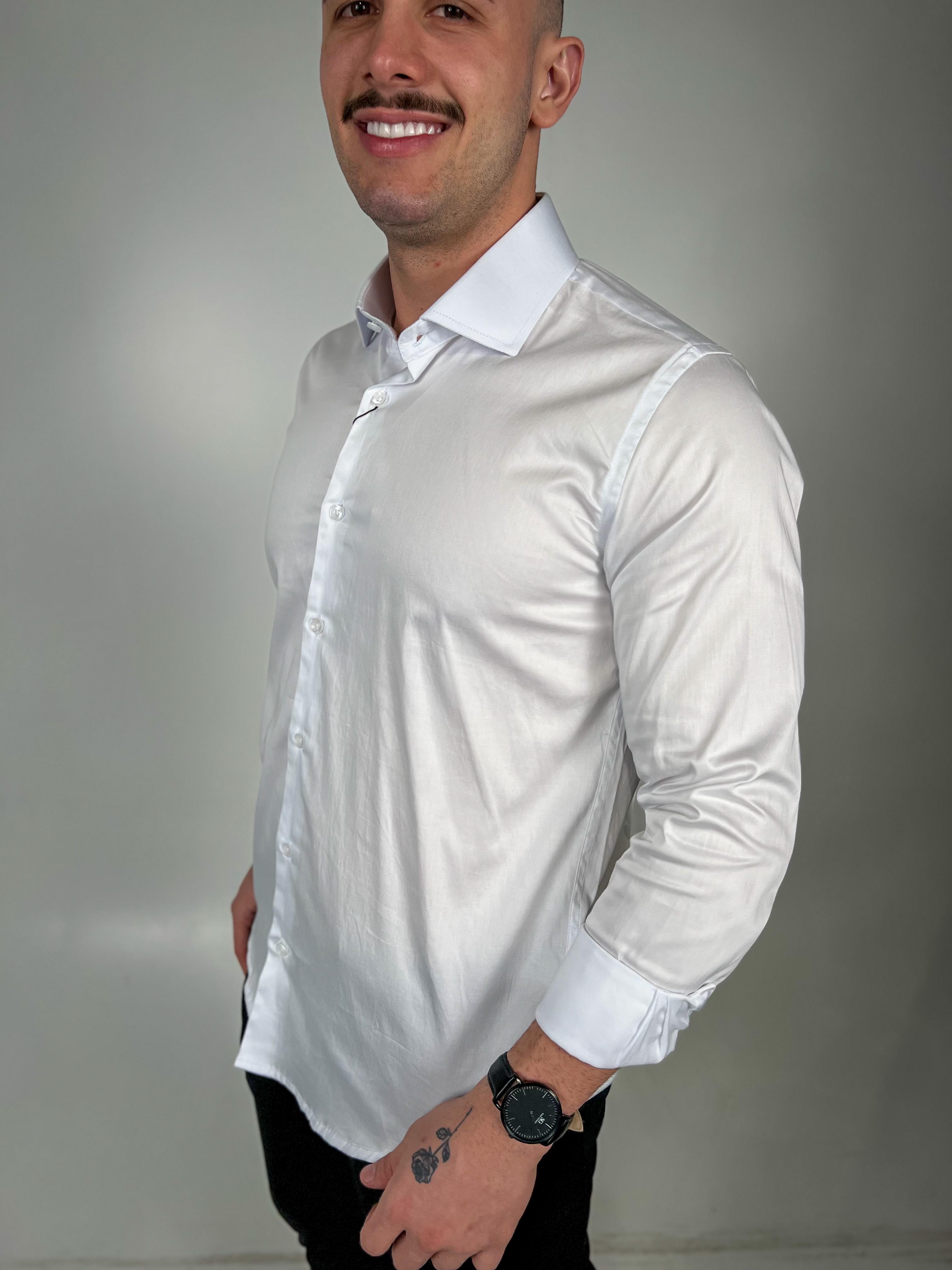 Camisa Acetinada Stretch Slim Fit M/L Zeus - Branco