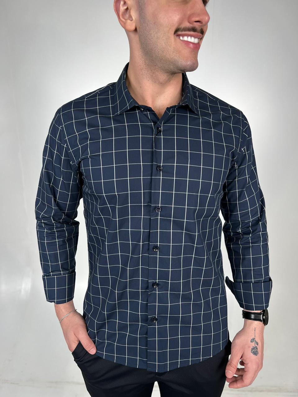 Camisa Social Zeus M/L Xadrez Fio Egipcio - Azul Marinho