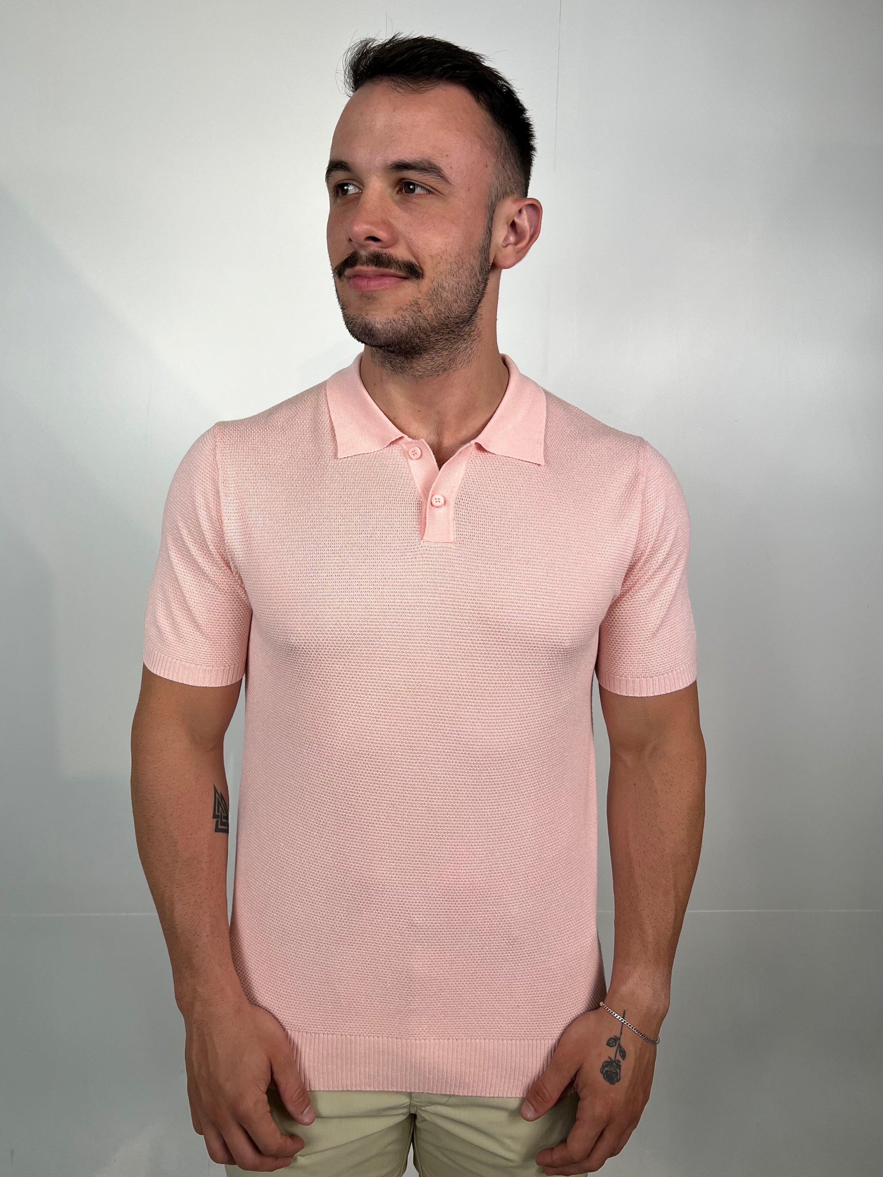 Polo Tricot Textura Botão Zeus  - Rosa