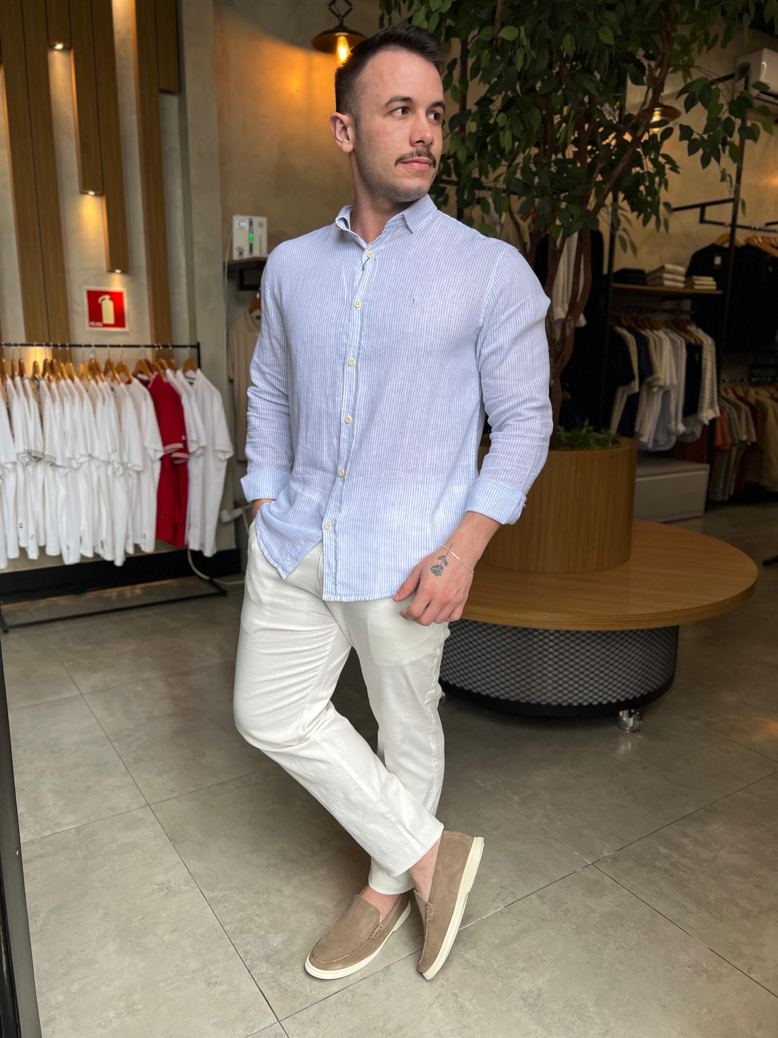 Camisa Social Zeus M/L Listrado Linho - Branco