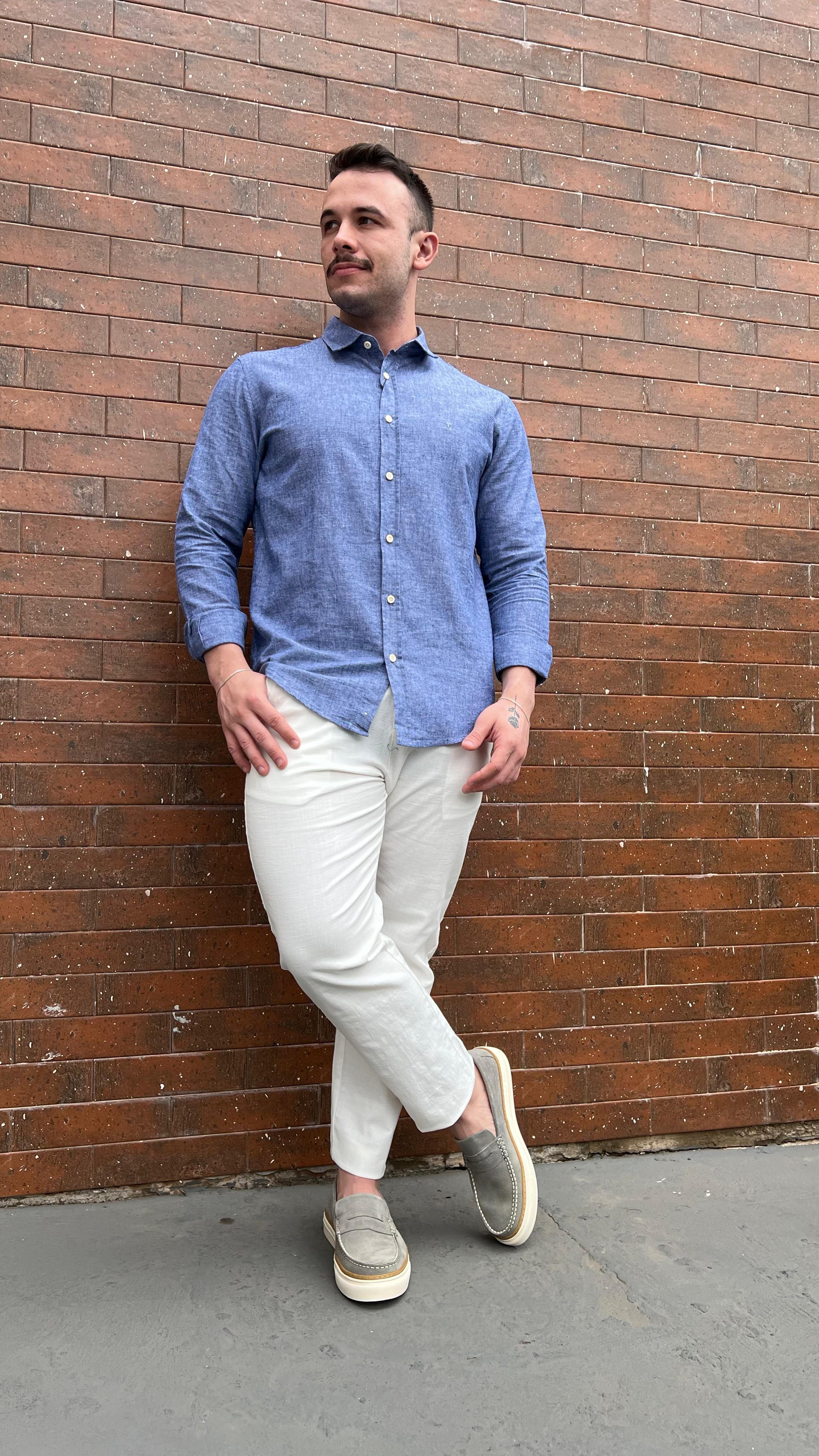 Camisa Social Zeus M/L Linho - Azul Mescla Escuro
